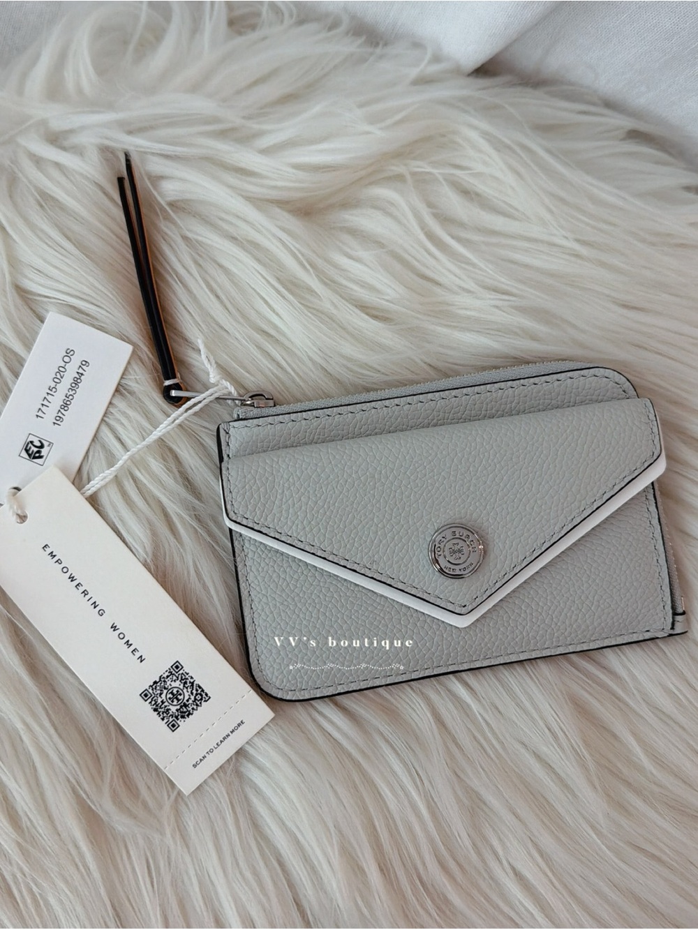 NWT Tory Burch Pebble Envelope Zip Card Case Holder Light Titanium Grey 171715